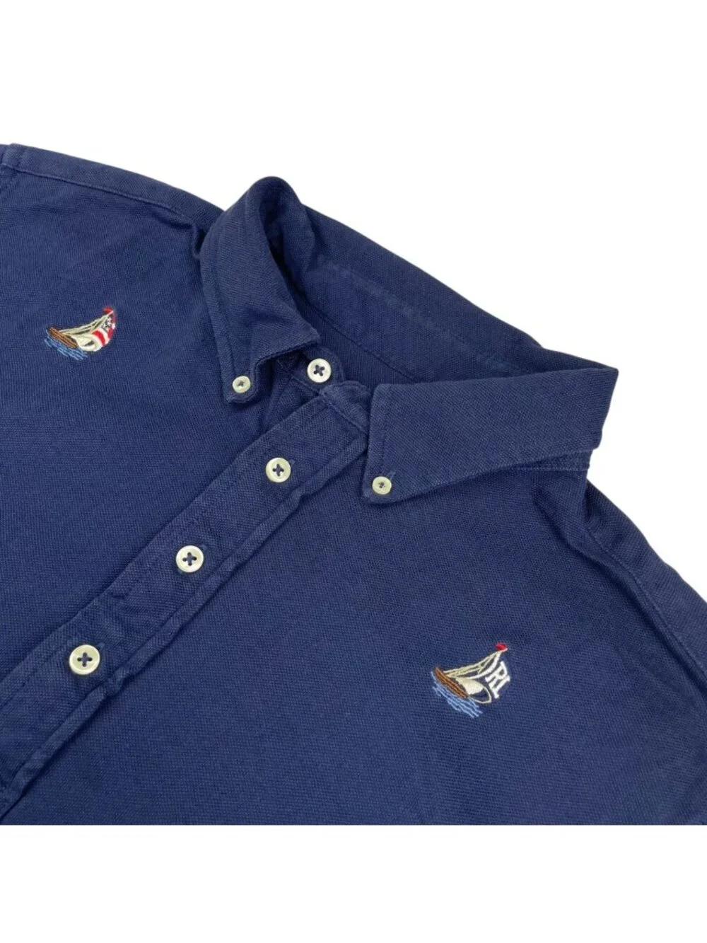 Ralph Lauren Men's USA Embroidered Sailboats Knit Oxford Polo Shirt Navy • Large